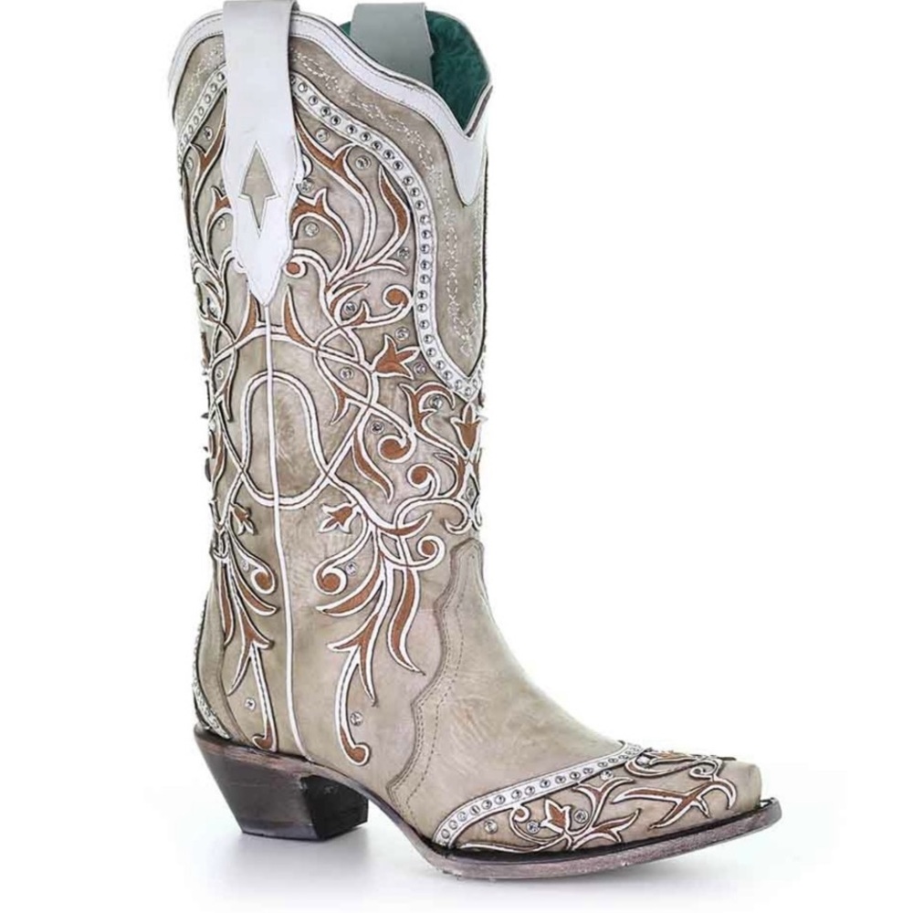 Corral White Overlay with Studs & Crystals Cowhide Leather Boots